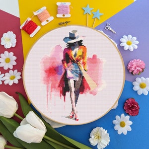 Chic Fashion Model Watercolor Bright Colourful Cross Stitch - Digital PDF, Instant Download