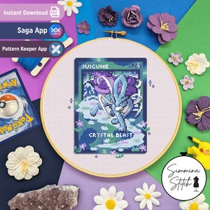 Carte Pokémon - Suicune - joli motif floral de point de croix de jeu légendaire - PDF numérique, téléchargement immédiat