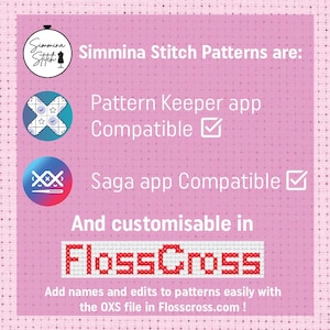 May include: Pink graphic with text: "Simmina Stitch Patterns are: Pattern Keeper app Compatible, Saga app Compatible, and customisable in FlossCross." Includes a logo and website address.