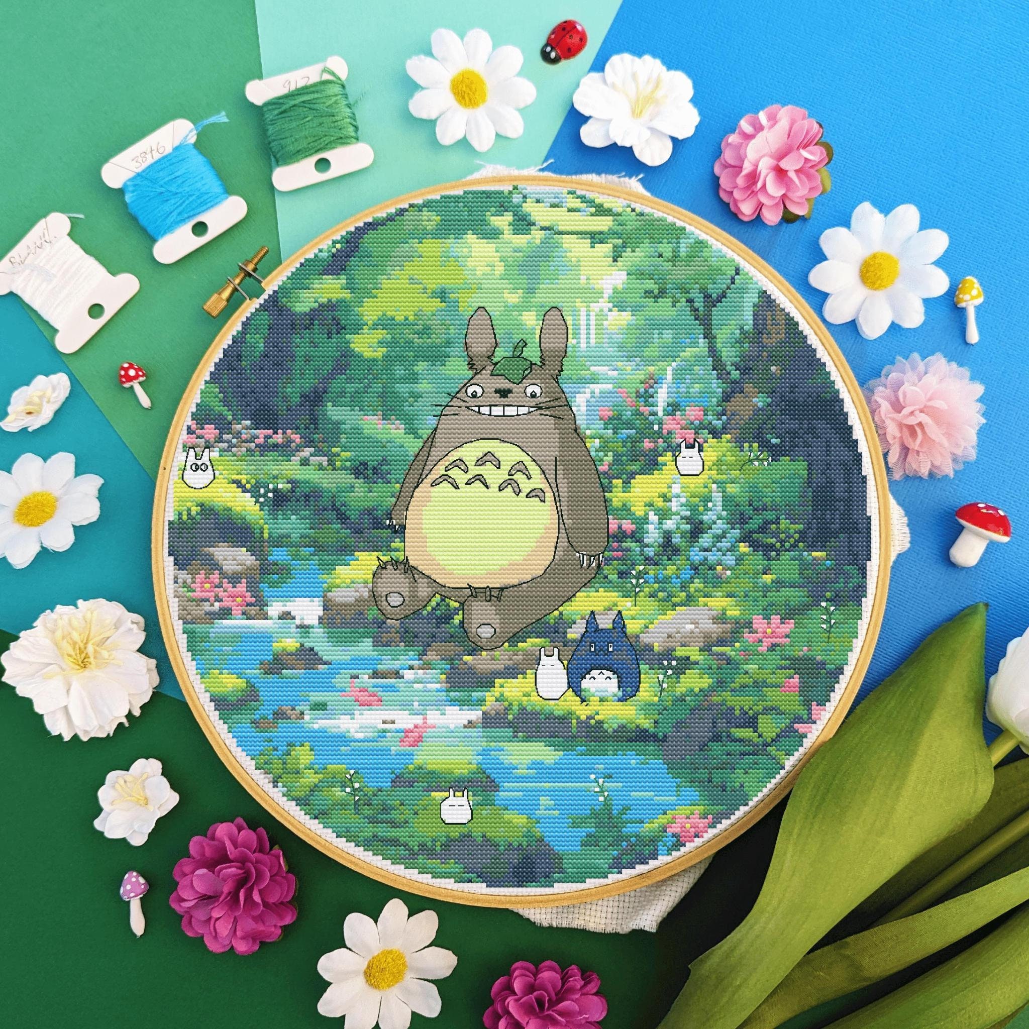 Totoro with Kids Embroidery Kit DIY Needlework Cartoon Needlecraft for  Beginner Cross Stitch Artcraft(With Hoop)