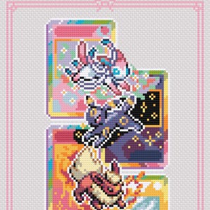 May include: Cross-stitch pattern featuring three colorful Pok&eacute;mon characters. The top character is pink and white, the middle is dark purple, and the bottom is orange and cream. The background is a mix of pink, blue, and yellow with a pink border.