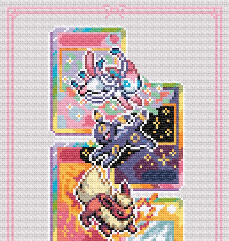 May include: Cross-stitch pattern featuring three colorful Pok&eacute;mon characters. The top character is pink and white, the middle is dark purple, and the bottom is orange and cream. The background is a mix of pink, blue, and yellow with a pink border.