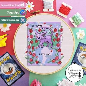 Pokemon Card - Espeon - schattig, gezellig gaming-bloemenborduurpatroon - digitale pdf, direct downloaden
