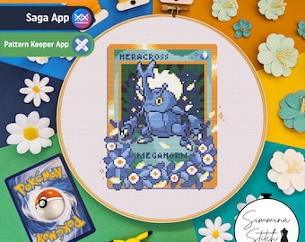 Carta Pokémon - Heracross - Simpatico e accogliente schema a punto croce floreale a tema videogiochi - PDF digitale, download immediato