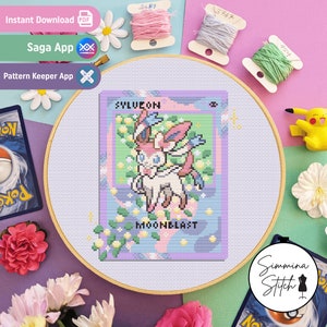 Carte Pokémon - Sylveon - joli motif floral de jeu confortable au point de croix - PDF numérique, téléchargement immédiat