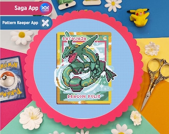Carta Pokémon - Rayquaza - Schema per punto croce a tema videogiochi leggendari - PDF digitale, download immediato