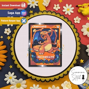 Carte Pokémon - Dracaufeu - Joli motif floral de jeu confortable au point de croix - PDF numérique, téléchargement immédiat