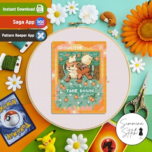 May include: Cross stitch pattern featuring a pixelated image of Growlithe, a Pokemon character, with the text "TAKE DOWN" on a green background. The pattern is framed in a white embroidery hoop.