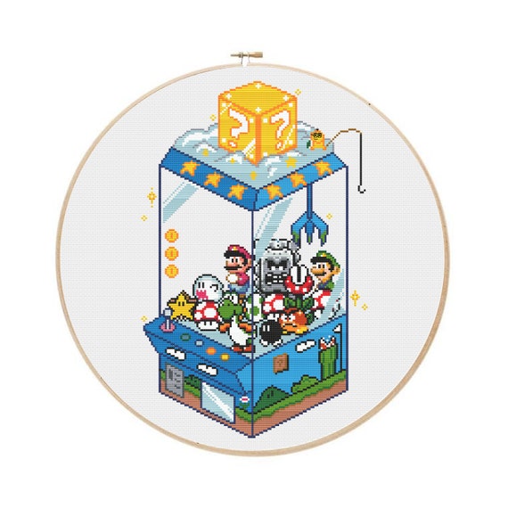 Mario Plush Claw Machine - Cute Retro Gaming Cross Stitch Pattern