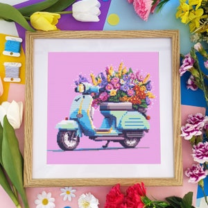 Flower Delivery on a Vespa Scooter - Female Florist Stylish Chic - Cross Stitch - Digital PDF, Instant Download