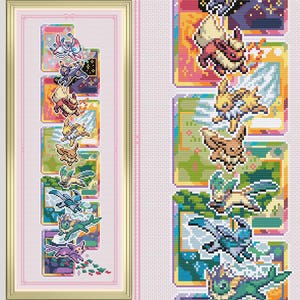 May include: A framed cross-stitch featuring various colorful Pok&eacute;mon characters. The design includes multiple panels with different Pok&eacute;mon, set against patterned backgrounds. The frame is gold-colored, and the overall aesthetic is detailed and vibrant.