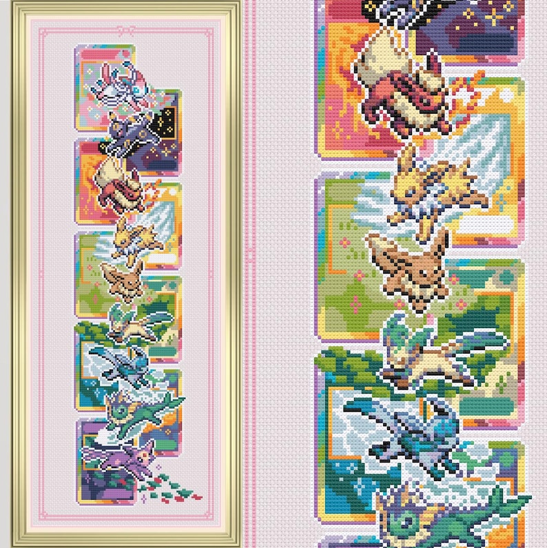 May include: A framed cross-stitch featuring various colorful Pok&eacute;mon characters. The design includes multiple panels with different Pok&eacute;mon, set against patterned backgrounds. The frame is gold-colored, and the overall aesthetic is detailed and vibrant.