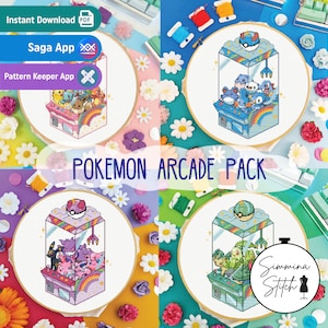 Op de afbeelding: Vier kruissteekpatronen met Pokémon-personages in arcade-klauwmachines. Elk patroon wordt weergegeven in een ronde borduurring tegen een kleurrijke achtergrond van bloemen en garen.