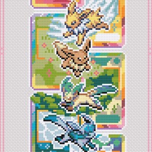 May include: A vertical cross-stitch pattern featuring four different Pok&eacute;mon characters: Jolteon, Eevee, Leafeon, and Glaceon. Each character is set against a colorful background within a rectangular frame. The design uses a pixelated style.