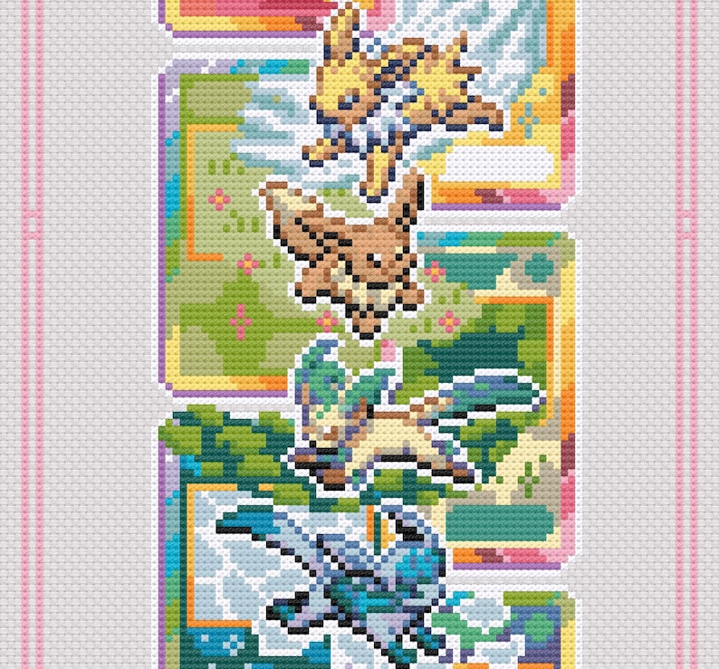 May include: A vertical cross-stitch pattern featuring four different Pok&eacute;mon characters: Jolteon, Eevee, Leafeon, and Glaceon. Each character is set against a colorful background within a rectangular frame. The design uses a pixelated style.