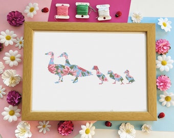 Motivo floreale con famiglia di anatre - Punto croce casa familiare - PDF digitale, download istantaneo