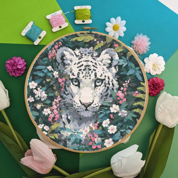 Floral White Tiger, Big Cat Lush Forest DIY - Digital PDF, Instant Download