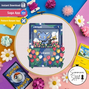 Pokemon Card - Shinx - schattig, gezellig gaming-bloemenborduurpatroon - digitale pdf, direct downloaden