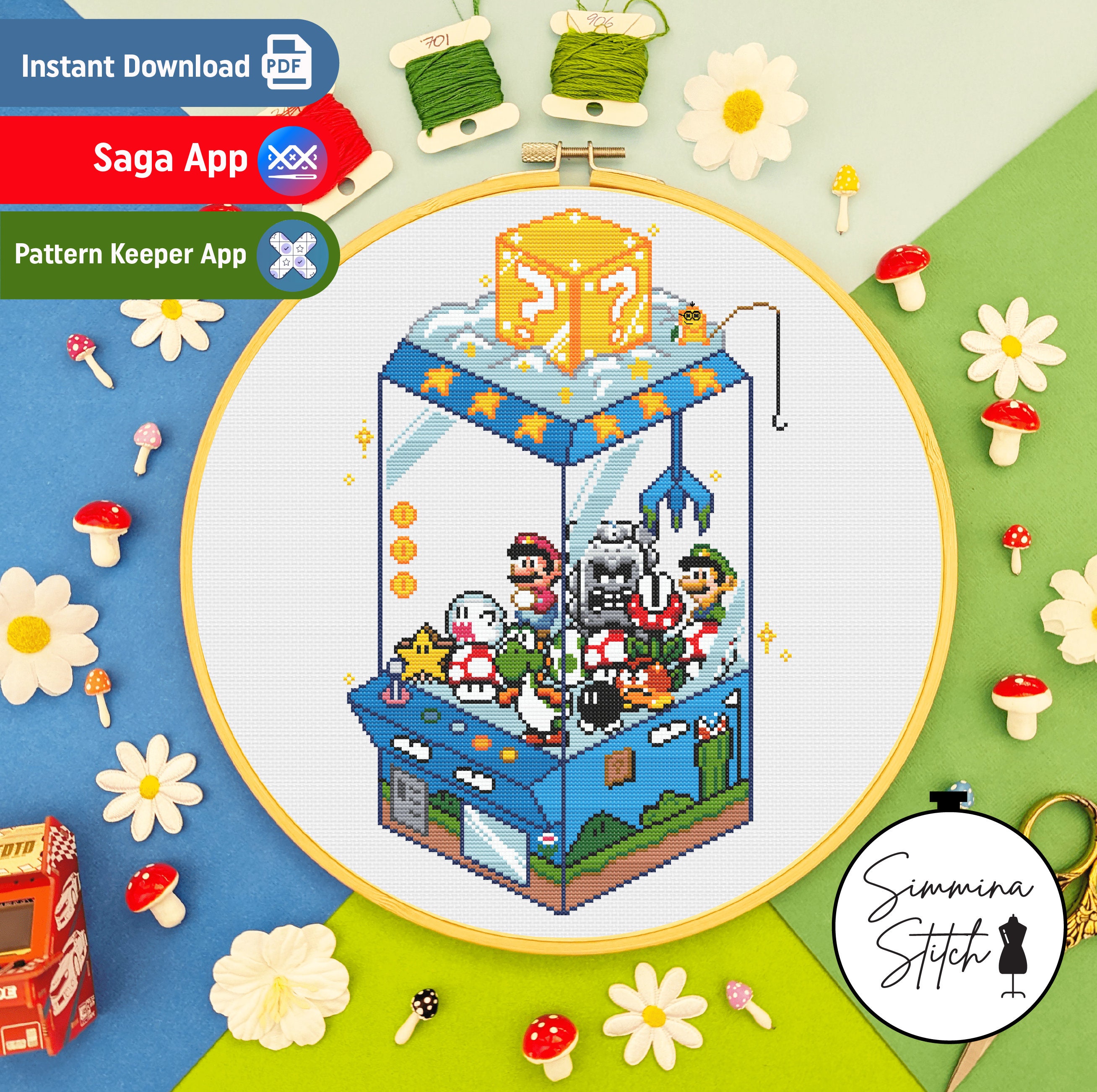 Mario Plush Claw Machine - Cute Retro Gaming Cross Stitch Pattern