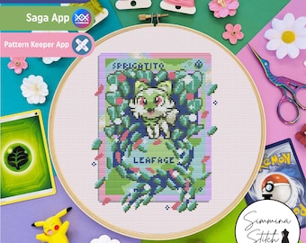 Carta Pokémon - Sprigatito - Simpatico e accogliente schema a punto croce floreale per videogiochi - PDF digitale, download immediato