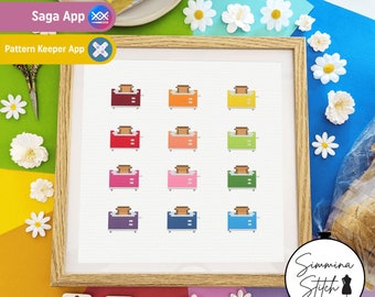 Rainbow Retro Toasters - Modern Artisan Kitchen Cafe Cross Stitch Pattern - Digital PDF, Instant Download