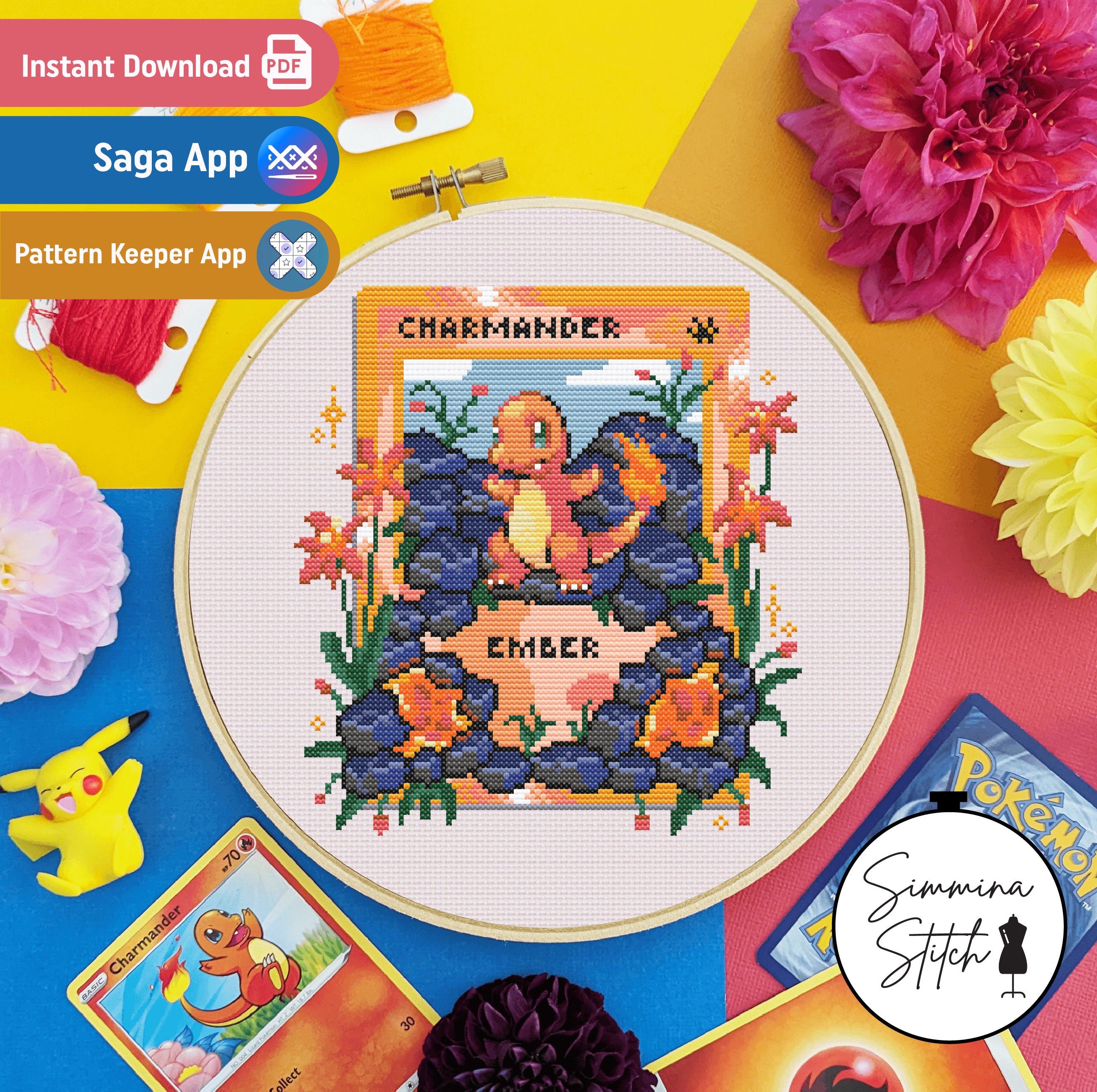 Pokemon Card - Charmander - Cute Cosy Gaming Floral Cross Stitch