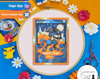 Carta Pokémon - Lucario - Simpatico e accogliente schema per punto croce a tema videogiochi - PDF digitale, download immediato