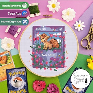 Carte Pokémon - Goupix - Joli motif floral de jeu confortable au point de croix - PDF numérique, téléchargement immédiat