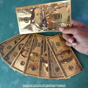 iGodess Prosperity Envelope Kit - Gold Hundred 100 Dollar Money Flow Envelope with 7 Gold Foil Notes for Intention Setting & Manifesting