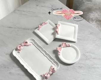 Pink Bow Tray, Jewelry Dish, Bow Ring Holder, Trinket Dishes, Bow Decor, Pink home Decor, Gift for Mom, Coquette, Mother's Day*FREE GIFT*