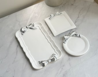 Silver Bow Tray, Jewelry Dish, Bow Ring Holder, Trinket Dishes, Bow Decor, Vintage Modern home Decor, Gift for Mom, Coquette, Next day ship