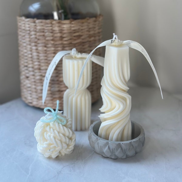 Soy Candles of 3 Configurations with Holder, Concrete Holder, Ribbed Pillar Candle, Wavy Pillar Candle, Thread Knot Candle, Custom Scent