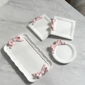 Pink Bow Tray, Jewelry Dish, Bow Ring Holder, Trinket Dishes, Bow Decor, Pink home Decor, Gift for Her, Coquette, Marble-Textured