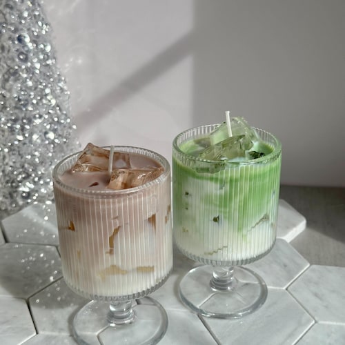 Bougies glacées au matcha latte, Bougies glacées au matcha latte, Matcha latte à la fraise, Bougies parfumées au soja, Bougies à dessert, Cadeau pour les amateurs de café