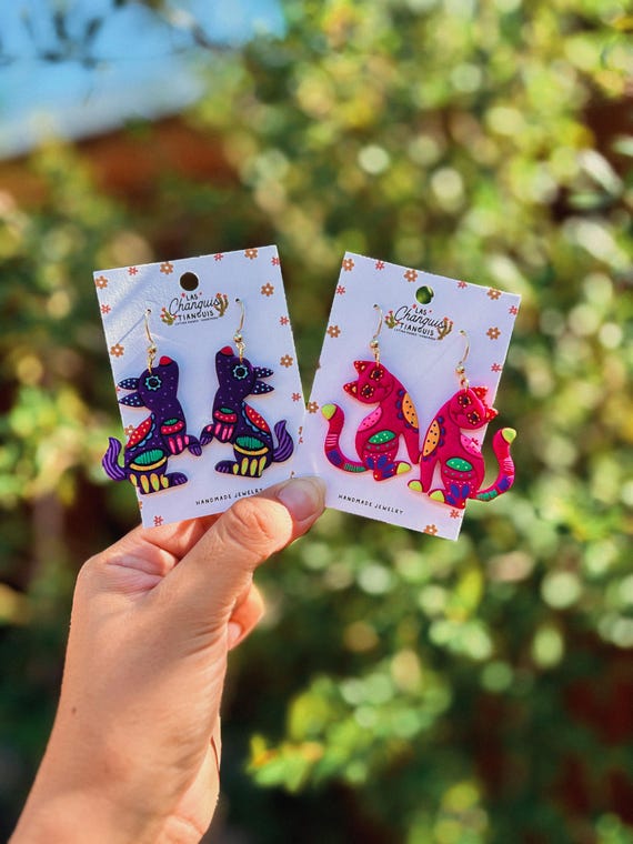 Handmade Alebrije Earrings | Polymer Clay Mexican Folk Art, Xolo Dog & Cat