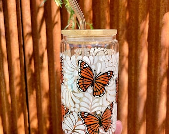 Libbey Talavera Monarch Butterfly Glass Cup – 16 oz - Dia de Muertos Mariposa Monarca Cup