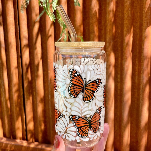 Libbey Talavera Monarch Butterfly Glass Cup – 16 oz - Dia de Muertos Mariposa Monarca Cup