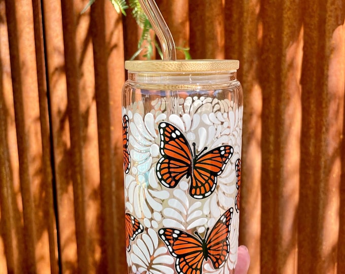 Libbey Talavera Monarch Butterfly Glass Cup – 16 oz - Dia de Muertos Mariposa Monarca Cup
