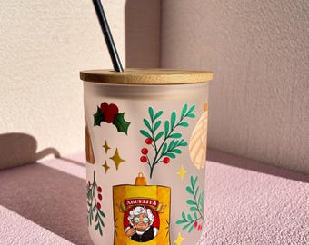 Holiday Chocolate Abuelita Travel Mug – 17 oz with Bamboo Lid & Stainless Steel Straw – Festive Design with Pan Dulce and Ornaments