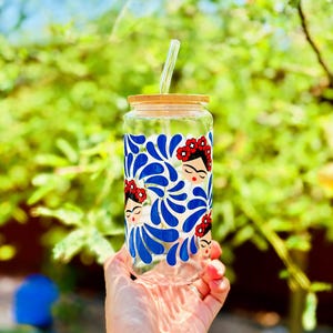 Frida-Inspired Libbey Glass Cup | 16oz Iced Coffee Tumbler with Bamboo Lid & Straw | Mexican Art Cup | Floral Blue Cup | Gift for Latina