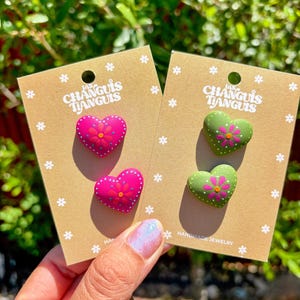 Mexican Heart Earrings – Hand-Painted Folk Art Style in Fuchsia or Green – Polymer Clay Earrings - Latina Jewelry