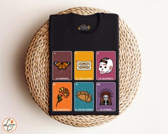 Dia de los Muertos Loteria Shirt | Mexikanische Kultur Grafik-T-Shirt | La Catrina, La Calaverita, El Pan de Muerto Sweatshirt