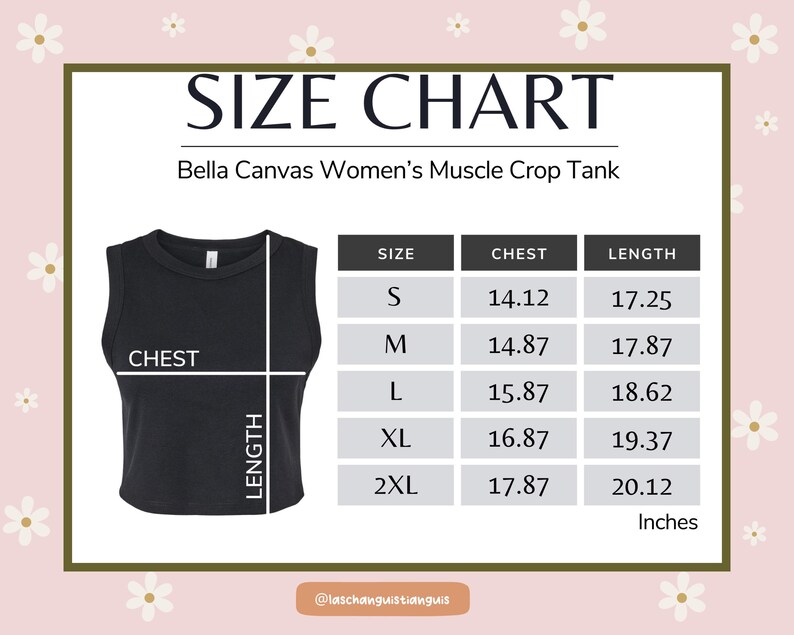 K&ouml;nnte beinhalten: Schwarzes Bella Canvas Damen Muscle Crop Tank Top mit Gr&ouml;&szlig;entabelle. Die Tabelle listet Brust- und L&auml;ngenma&szlig;e in Zoll f&uuml;r die Gr&ouml;&szlig;en S, M, L, XL und 2XL auf. Das Tanktop ist &auml;rmellos.