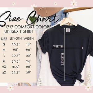 Op de afbeelding: Maattabel voor een unisex t-shirt in verschillende maten. De tabel toont de lengte- en breedtemaat in inches voor maten S, M, L, XL, 2X en 3X.