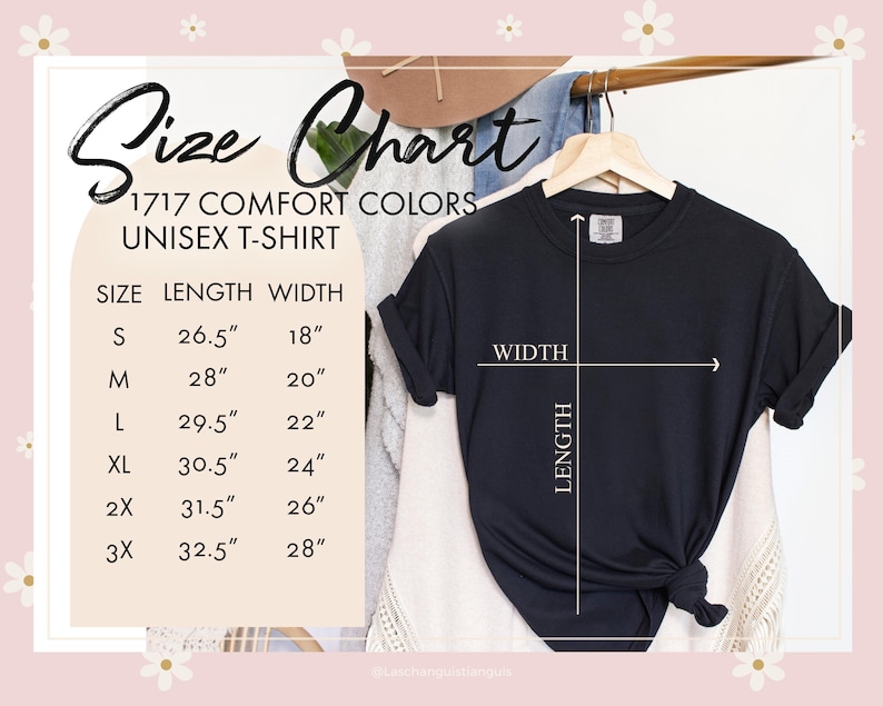 Op de afbeelding: Maattabel voor een unisex t-shirt in verschillende maten. De tabel toont de lengte- en breedtemaat in inches voor maten S, M, L, XL, 2X en 3X.