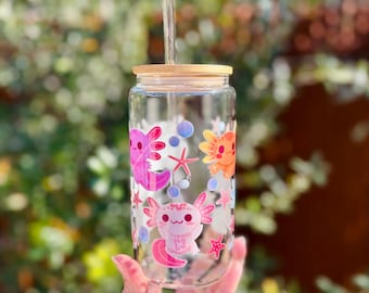 Ajolote Glass Cup 16oz | Libbey Can Glass w/ Bamboo Lid & Straw | Cute Axolotl Cup | Handmade Latina Gift