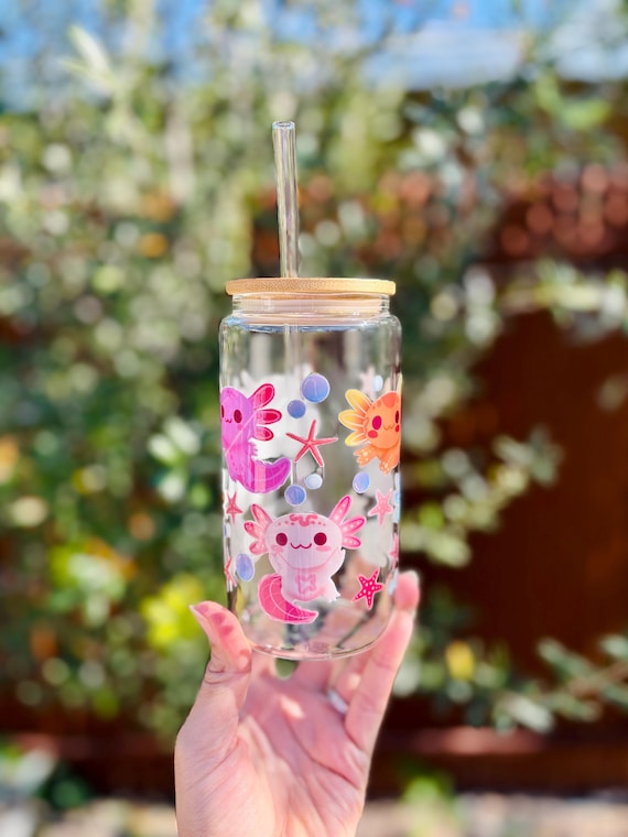 Ajolote Glass Cup 16oz | Libbey Can Glass w/ Bamboo Lid & Straw | Cute Axolotl Cup | Handmade Latina Gift