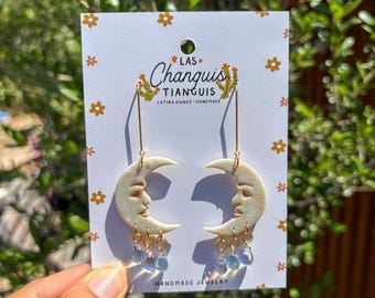 La Luna Earrings – Handmade Pearl Moon Face Jewelry with Teardrop Beads, Celestial Lotería Inspired, Lightweight Clay Statement Earrings