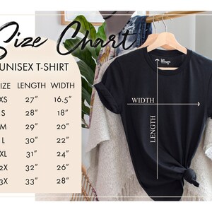 May include: Size chart for a unisex t-shirt with measurements in inches for length and width. The chart shows sizes XS through 3X.