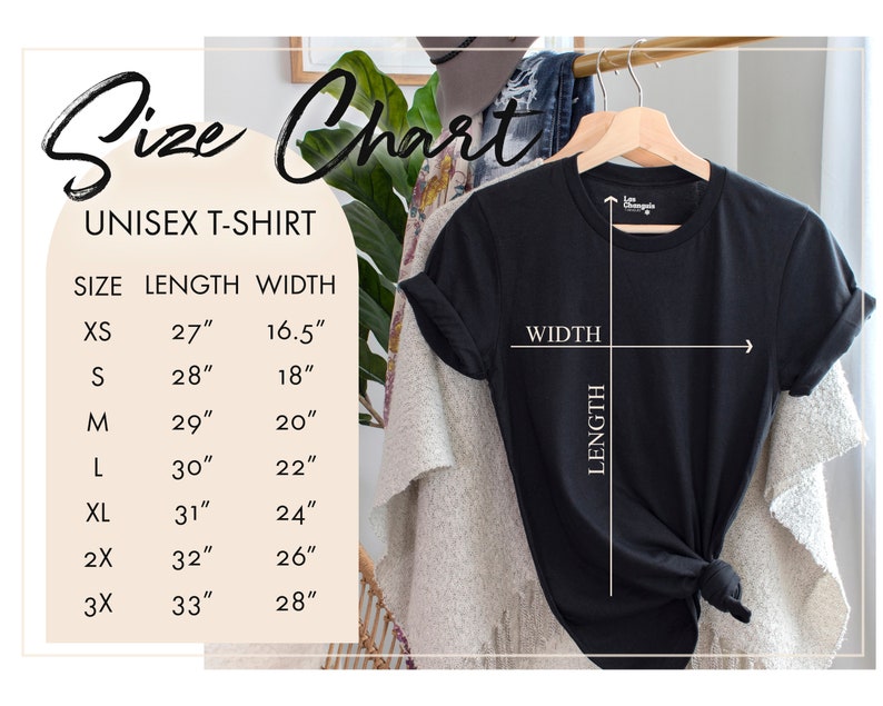 May include: Size chart for a unisex t-shirt with measurements in inches for length and width. The chart shows sizes XS through 3X.